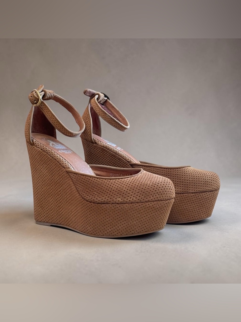 Crown Vintage Women’s Tan Perforated Platform Wedge Heels with Ankle Strap